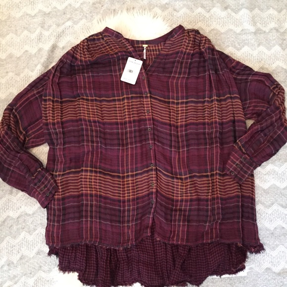 Free People Plaid Shirt Button  Down NWT Large - Picture 3 of 6